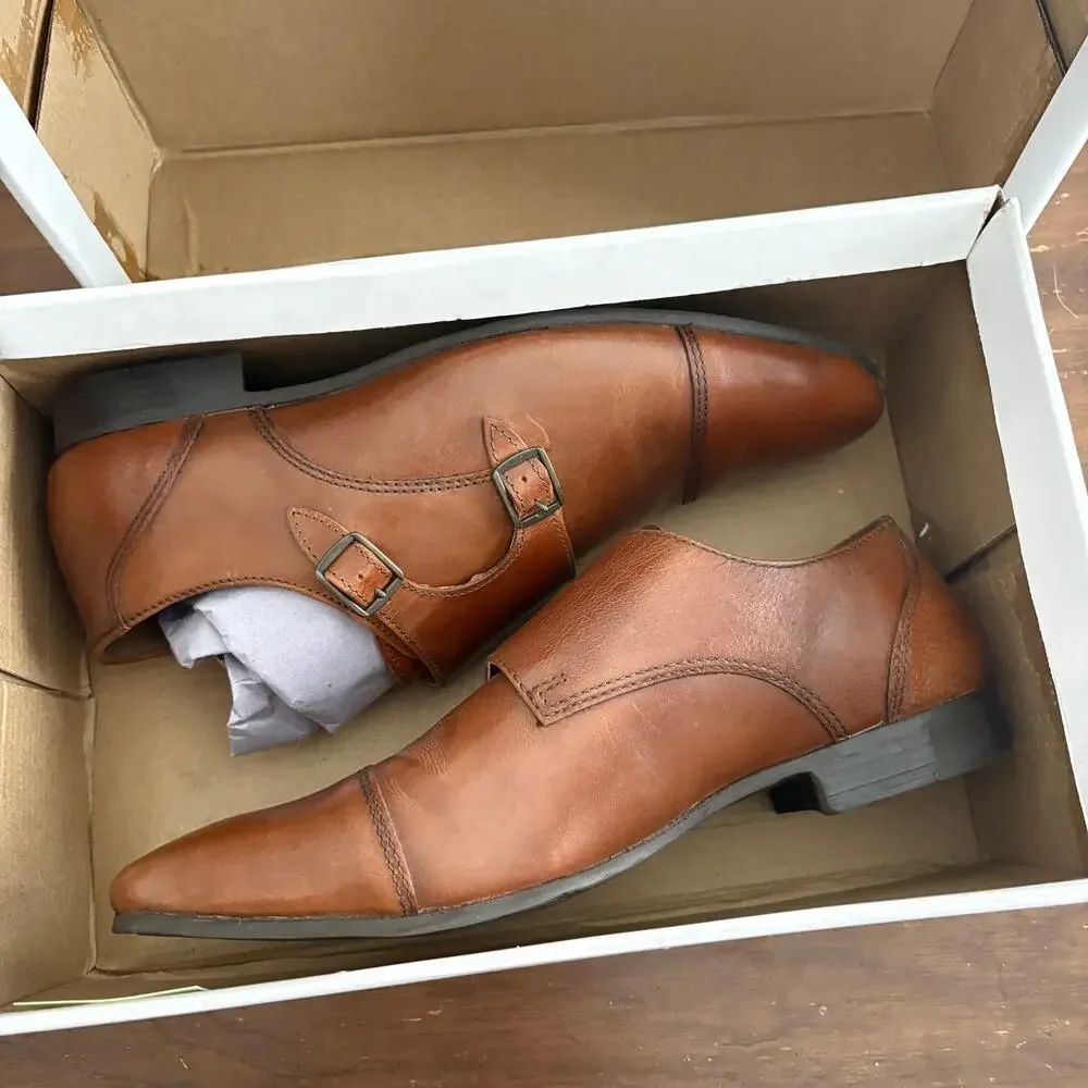 Find Brand Mens Monk Strap Dress Shoes 9 NWT Brown Leather Cap Toe
